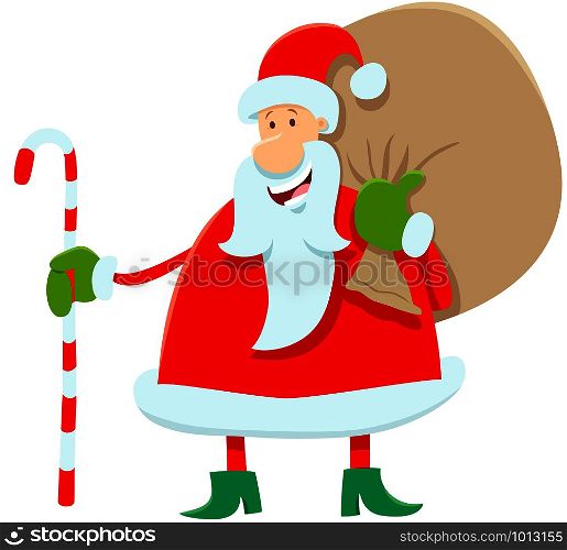 Cartoon Illustration of Funny Santa Claus Character with Bag of Christmas Presents