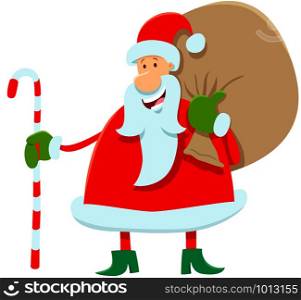 Cartoon Illustration of Funny Santa Claus Character with Bag of Christmas Presents