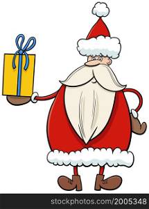 Cartoon illustration of funny Santa Claus character with Christmas present