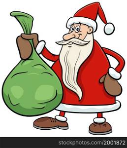 Cartoon illustration of funny Santa Claus character with sack of Christmas gifts