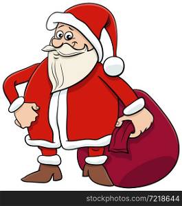 Cartoon illustration of funny Santa Claus character with sack of Christmas presents