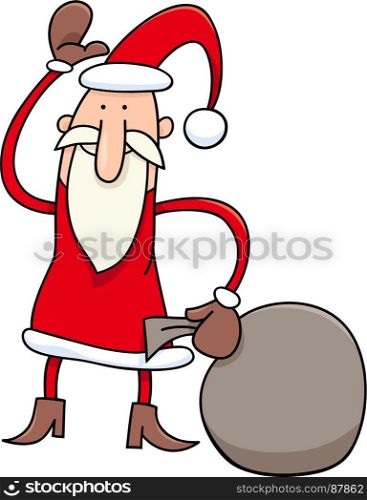 Cartoon Illustration of Funny Santa Claus Character with Sack of Christmas Presents