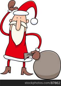 Cartoon Illustration of Funny Santa Claus Character with Sack of Christmas Presents