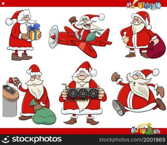 Cartoon illustration of funny Santa Claus characters set on Christmas time