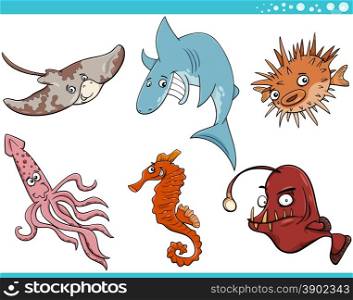 Cartoon Illustration of Funny Sea Life Animals Set
