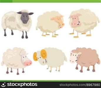 Cartoon illustration of funny sheep farm animals comic characters set