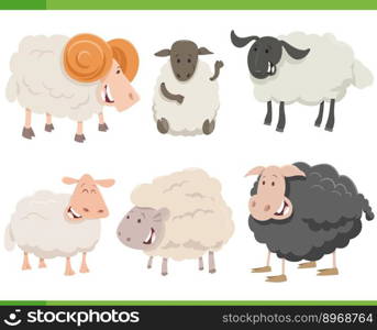 Cartoon illustration of funny sheep farm animals comic characters set