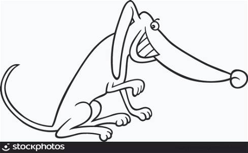 Cartoon Illustration of Funny Smiling Mongrel Dog for Coloring Book