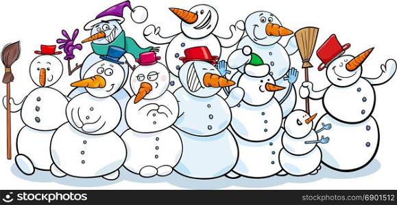 Cartoon Illustration of Funny Snowmen Fantasy Characters Group