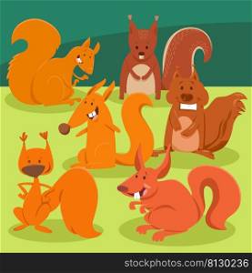 Cartoon illustration of funny squirrels animal characters group