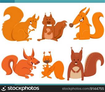 Cartoon illustration of funny squirrels animals comic characters set