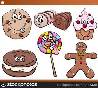Cartoon Illustration of Funny Sweets and Cookies Set