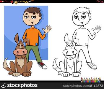 Cartoon illustration of funny teen boy with his dog coloring page