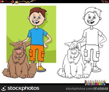 Cartoon illustration of funny teen boy with his dog coloring page