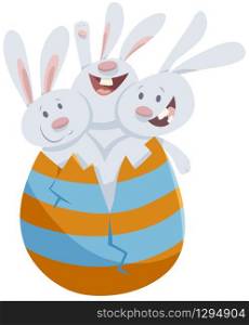 Cartoon Illustration of Funny Three Easter Bunnies Hatching from Large Colored Egg