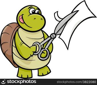 Cartoon Illustration of Funny Turtle Animal Character Cutting Paper with Scissors