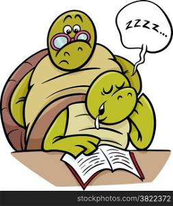 Cartoon Illustration of Funny Turtle Animal Character Sleeping in Classroom
