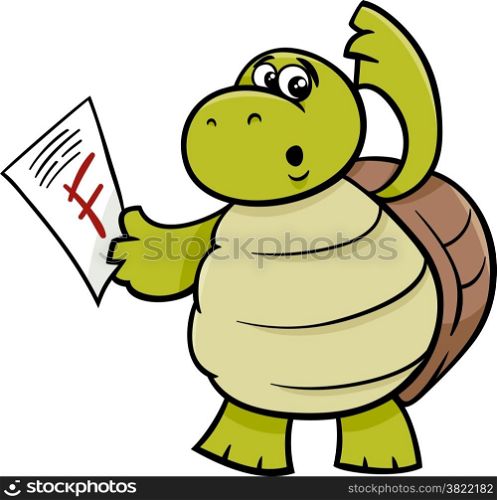 Cartoon Illustration of Funny Turtle Animal Character with F mark on a Test