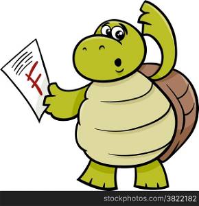 Cartoon Illustration of Funny Turtle Animal Character with F mark on a Test