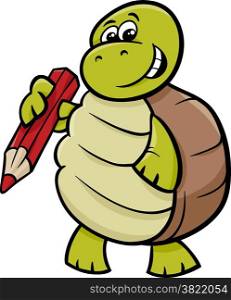 Cartoon Illustration of Funny Turtle Animal Character with Pencil