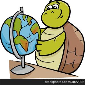 Cartoon Illustration of Funny Turtle Animal Character with School Globe