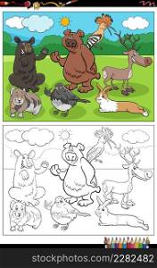 Cartoon illustration of funny wild animal characters group coloring book page