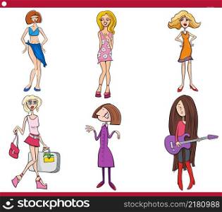 Cartoon illustration of funny women characters set