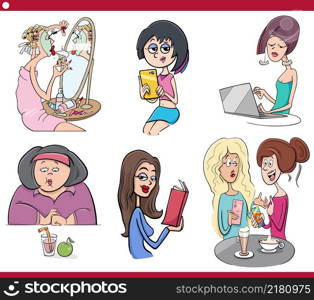 Cartoon illustration of funny women comic characters set