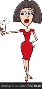 Cartoon Illustration of Girl in Red Dress Doing Selfie Photo by Smart Phone for Social Media