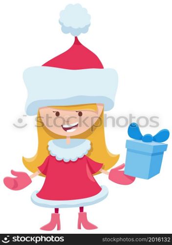 Cartoon Illustration of girl in Santa Claus costume on Christmas time