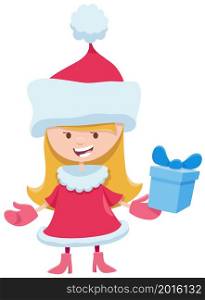 Cartoon Illustration of girl in Santa Claus costume on Christmas time
