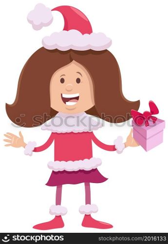 Cartoon Illustration of girl in Santa Claus costume with Christmas present