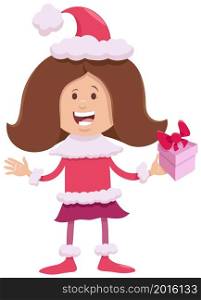 Cartoon Illustration of girl in Santa Claus costume with Christmas present