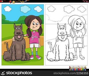Cartoon illustration of girl with her dog coloring book page