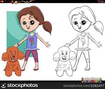 Cartoon illustration of girl with her poodle dog coloring book page