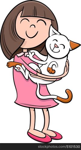 Cartoon Illustration of Girl with Kitten Pet
