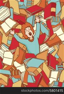 Cartoon illustration of guy reaching for help drowning on books