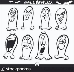 Cartoon Illustration of Halloween Themes, Ghosts Emotions Funny Set for Coloring Book or Page
