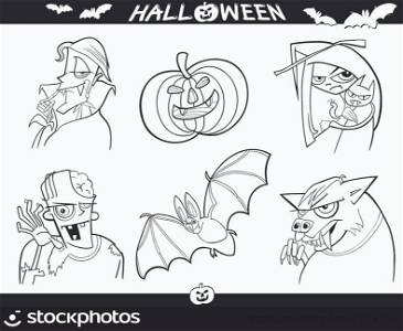 Cartoon Illustration of Halloween Themes, Vampire, Zombie, Witch, Werewolf, Pumpkin and Bat Funny Set for Coloring Book or Page