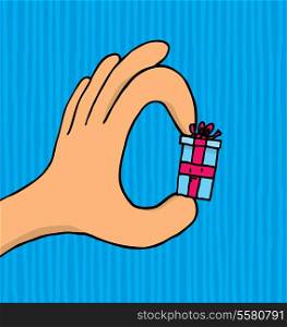 Cartoon illustration of hand holding a present