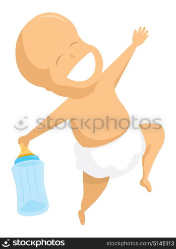 Cartoon illustration of happy baby jumping with bottle