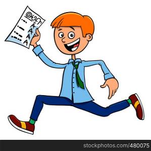Cartoon Illustration of Happy Boy with School Certificate or Grade Report