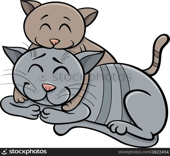 Cartoon Illustration of Happy Cat Mother with Little Kitten