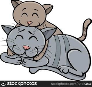 Cartoon Illustration of Happy Cat Mother with Little Kitten
