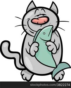 Cartoon Illustration of Happy Cat with Fish