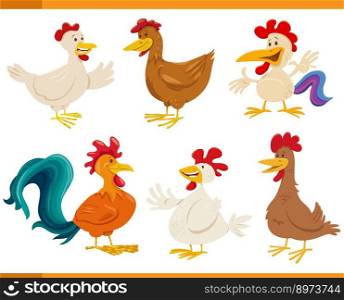 Cartoon illustration of happy chickens farm animals comic characters set