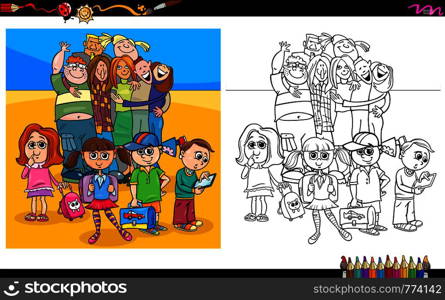 Cartoon Illustration of Happy Children and Teen Characters Coloring Book Activity