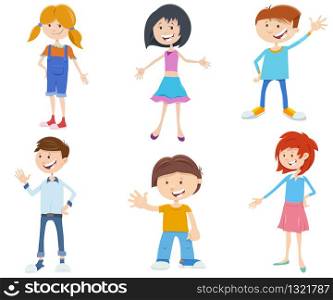 Cartoon Illustration of Happy Children and Teen Kids Comic Characters Set