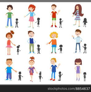 Cartoon illustration of happy children and teenagers comic characters with silhouettes set