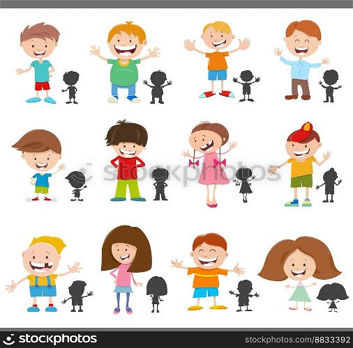 Cartoon illustration of happy children comic characters with silhouettes set